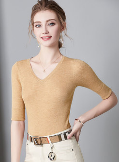 Brief Pure Color V-neck Skinny Daily Sweater 