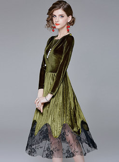 Trendy Velvet Pleated Splicing Lace Skater Dress