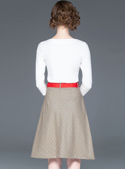 Brief V-neck White Knitted Top & Striped A Line Skirt