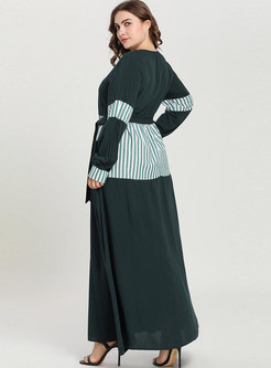 Casual Splicing Tied Striped Embroidered Maxi Dress