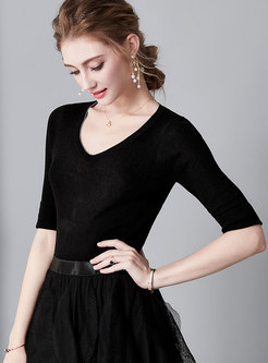 Black All-matched Half Sleeve Wool Thin Sweater
