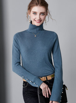 Stylish Pure Color Pearl Splicing Wool Sweater