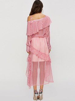 Stylish Striped Backless Top & Falbala Irregular Skirt