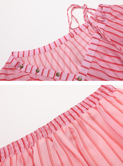Stylish Striped Backless Top & Falbala Irregular Skirt