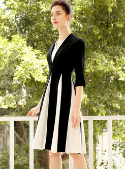 Stylish Color-blocked Splicing Slim A Line Dress
