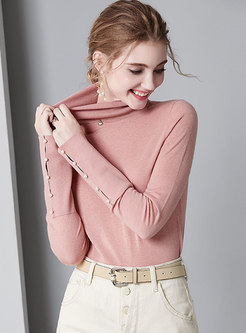 Casual Pink Pearl Long Sleeve Slim Sweater