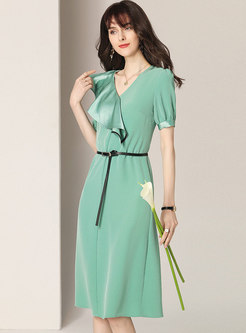 Solid Color Falbala Tied A Line Dress