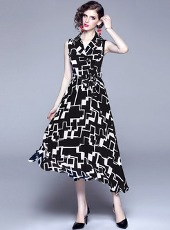 Lapel Sleeveless Geometric Print Maxi Dress