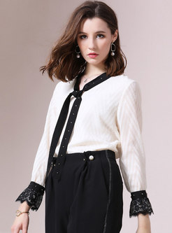 All-matched Color-blocked Tied Bowknot Blouse