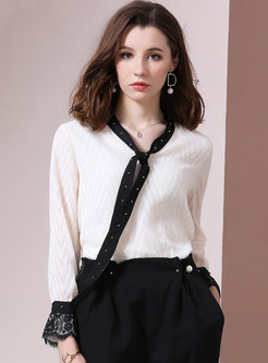 All-matched Color-blocked Tied Bowknot Blouse