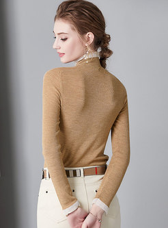Brief Brown High Neck Knitted Pullover Sweater
