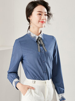 Brief Lapel Houndstooth Splicing Lace Slim Blouse