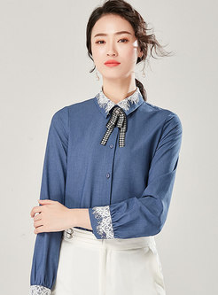 Brief Lapel Houndstooth Splicing Lace Slim Blouse