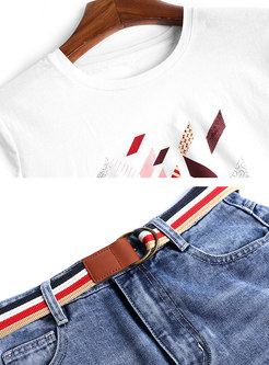 Brief O-neck Print T-shirt & Burst Denim Skirt