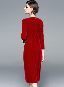 Solid Color O-neck Velvet Beaded Sheath Dress