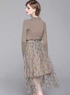 Fashion Lapel Knitted Top & Mesh Print Skirt