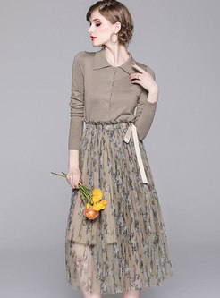 Fashion Lapel Knitted Top & Mesh Print Skirt