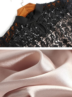 Elegant Stand Collar Lace Gathered Waist Skater Dress