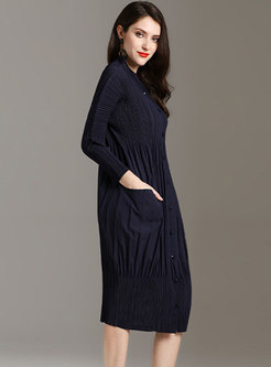 Brief Pleated Long Sleeve Knitted Dress