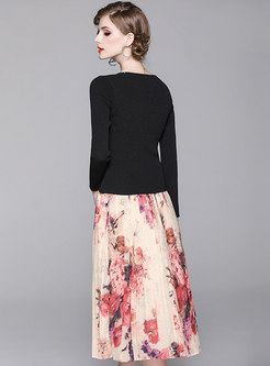 Brief V-neck Pearl Sweater & Print Pleated Skirt
