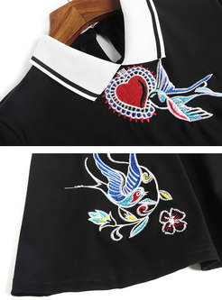Stylish Lapel Embroidered Slim Skater Dress