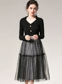 Black V-neck Slim Sweater & Mesh Splicing Skirt