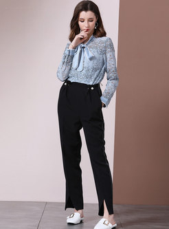 Stylish Tied-collar Lace Perspective Top
