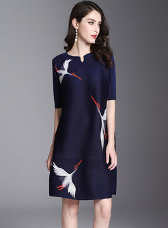Half Sleeve Animal Print Pleated Dress