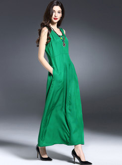 Green O-neck High Waisted Long Dress