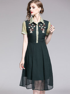 Turn Down Collar Embroidered Mesh Dress