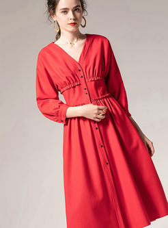 Elegant Red High Waisted Midi Dress