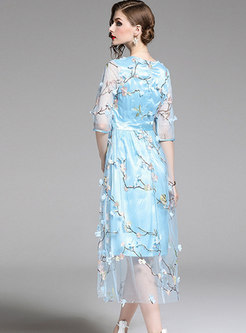 Sweet Blue Embroidered A Line Dress