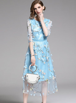 Sweet Blue Embroidered A Line Dress