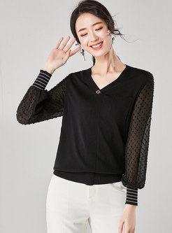 Black Knitted Patchwork Chiffon Top