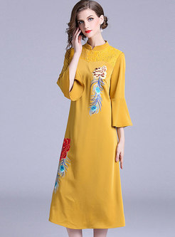 Flare Sleeve Embroidered A Line Dress