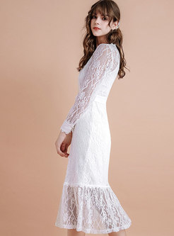White V-neck Lace Openwork Tied Dress