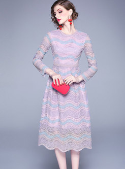 O-neck Wave Striped Lace Midi Dress