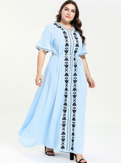 Short Sleeve Embroidered Waist Dress