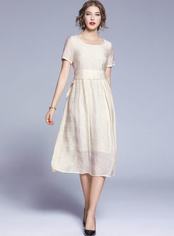Solid Short Sleeve Empire Waist Linen Midi Dress