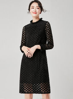 Standing Collar Long Sleeve Lace Dress