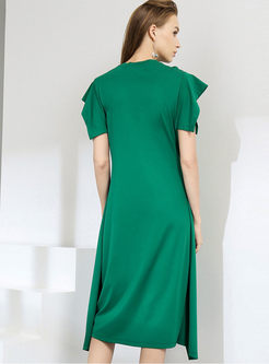 V-neck Ruffed Sleeve Asymmetric Dress