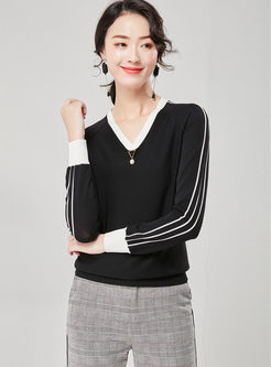 Black V-neck Pullover Slim Sweater
