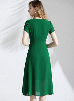 Green Short Sleeve Irregular Slit Dress