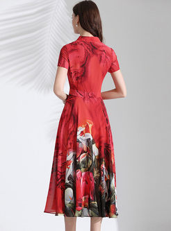 Red V-neck Short Sleeve Print Dress