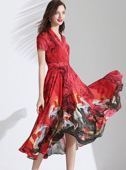 Red V-neck Short Sleeve Print Dress