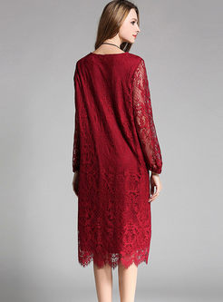 Wine Red Plus Size Lace Loose Dress