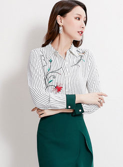 Chic Lapel Striped Embroidered Blouse