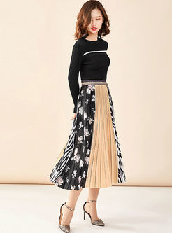 Print Patchwork Pleated A Line Skirt