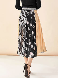 Print Patchwork Pleated A Line Skirt