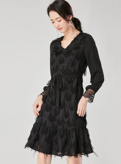 Stylish Tassel Jacquard Chiffon Dress